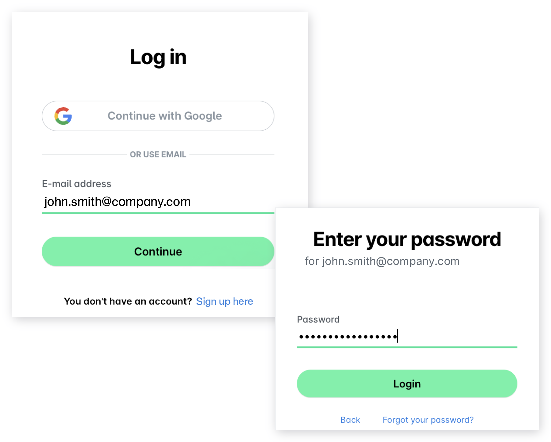 Log in page with an email address entered and the Enter your password page.