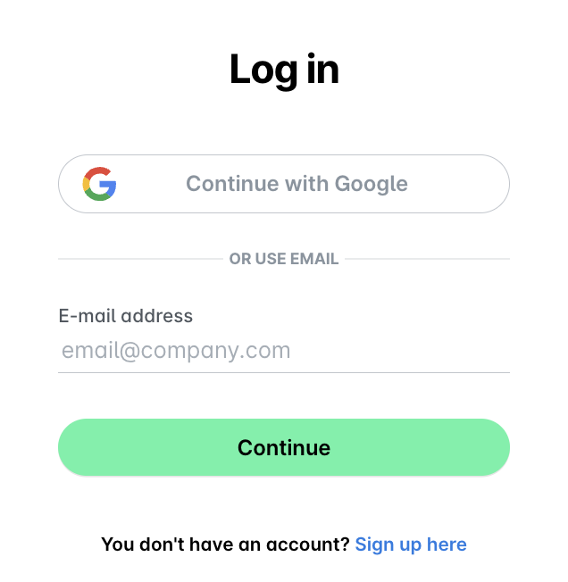Log in page with the Continue with Google button.