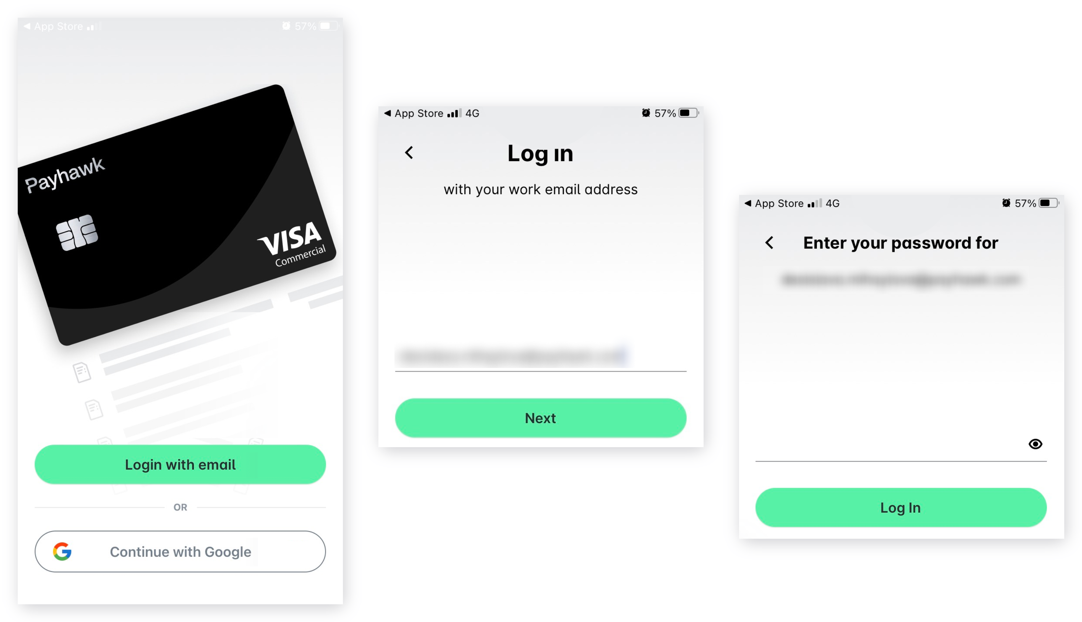 Payhawk Mobile App screens for Login with email, entering your work email, and entering your password.