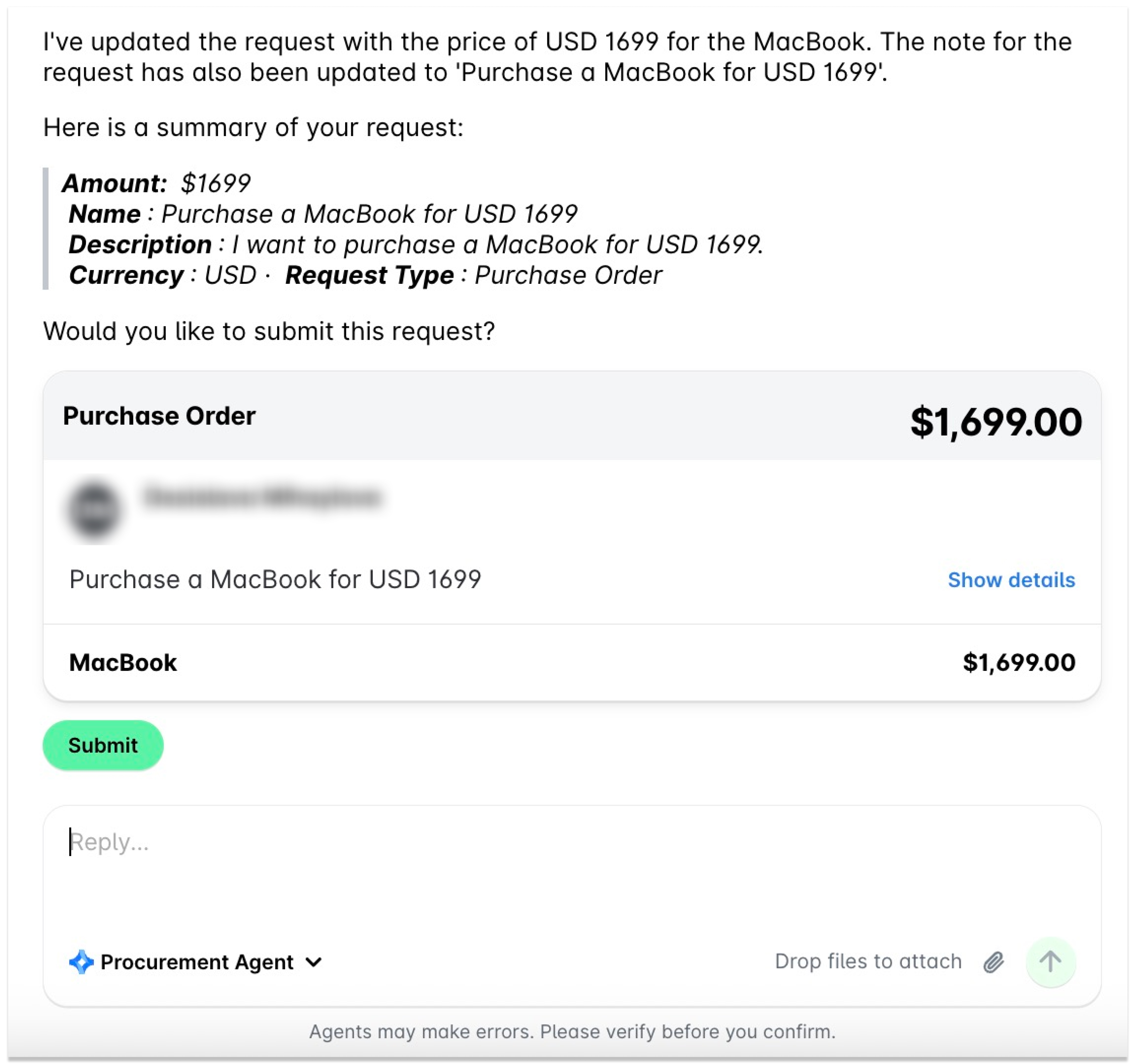 Résumé d’un bon de commande pour un MacBook au prix de 1 699 $.