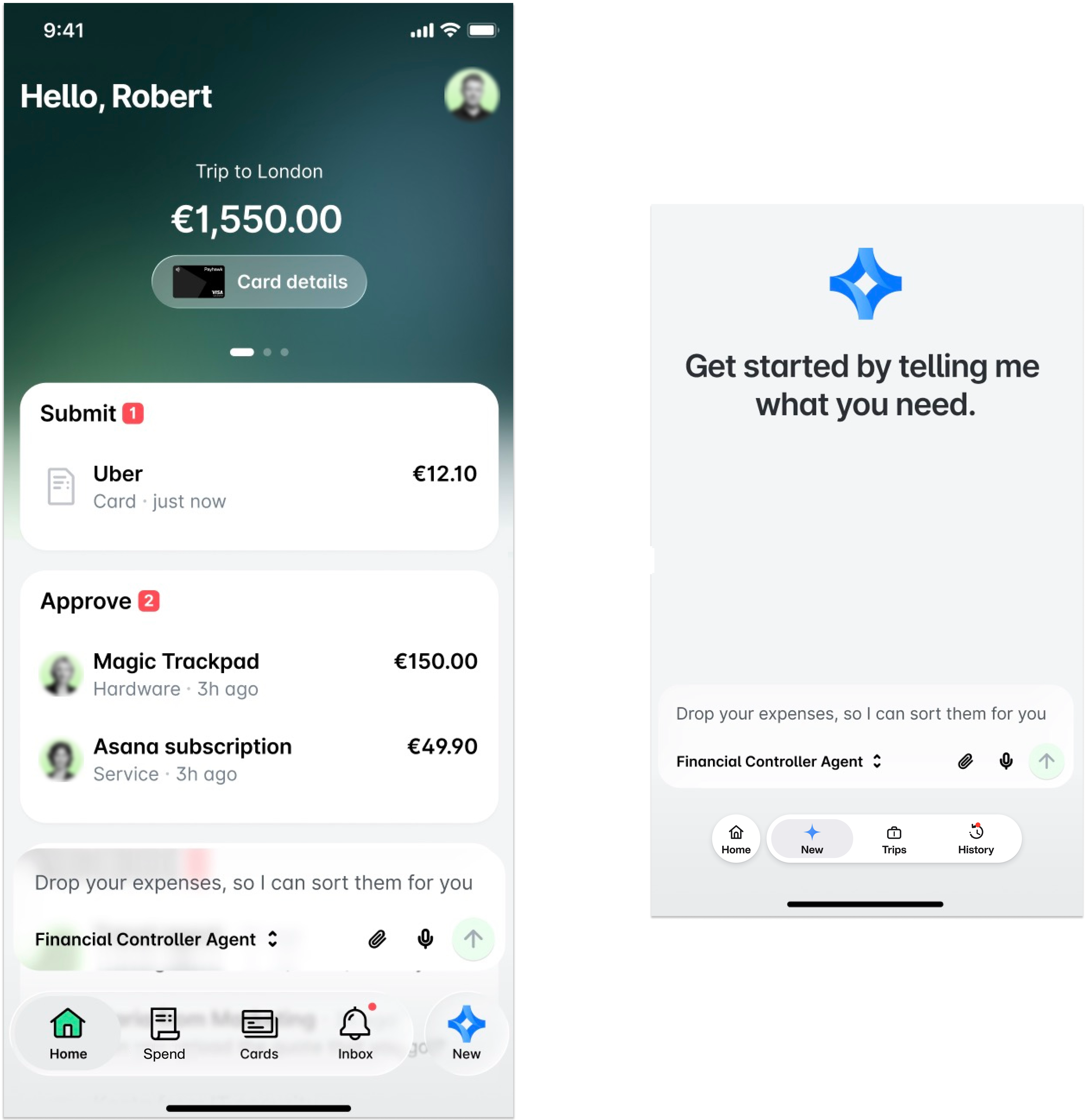 Pantalla Inicio de la app móvil de Payhawk con el cuadro de chat del Agente de IA, junto a la pantalla Nuevo para iniciar un chat con el Agente de Control Financiero.