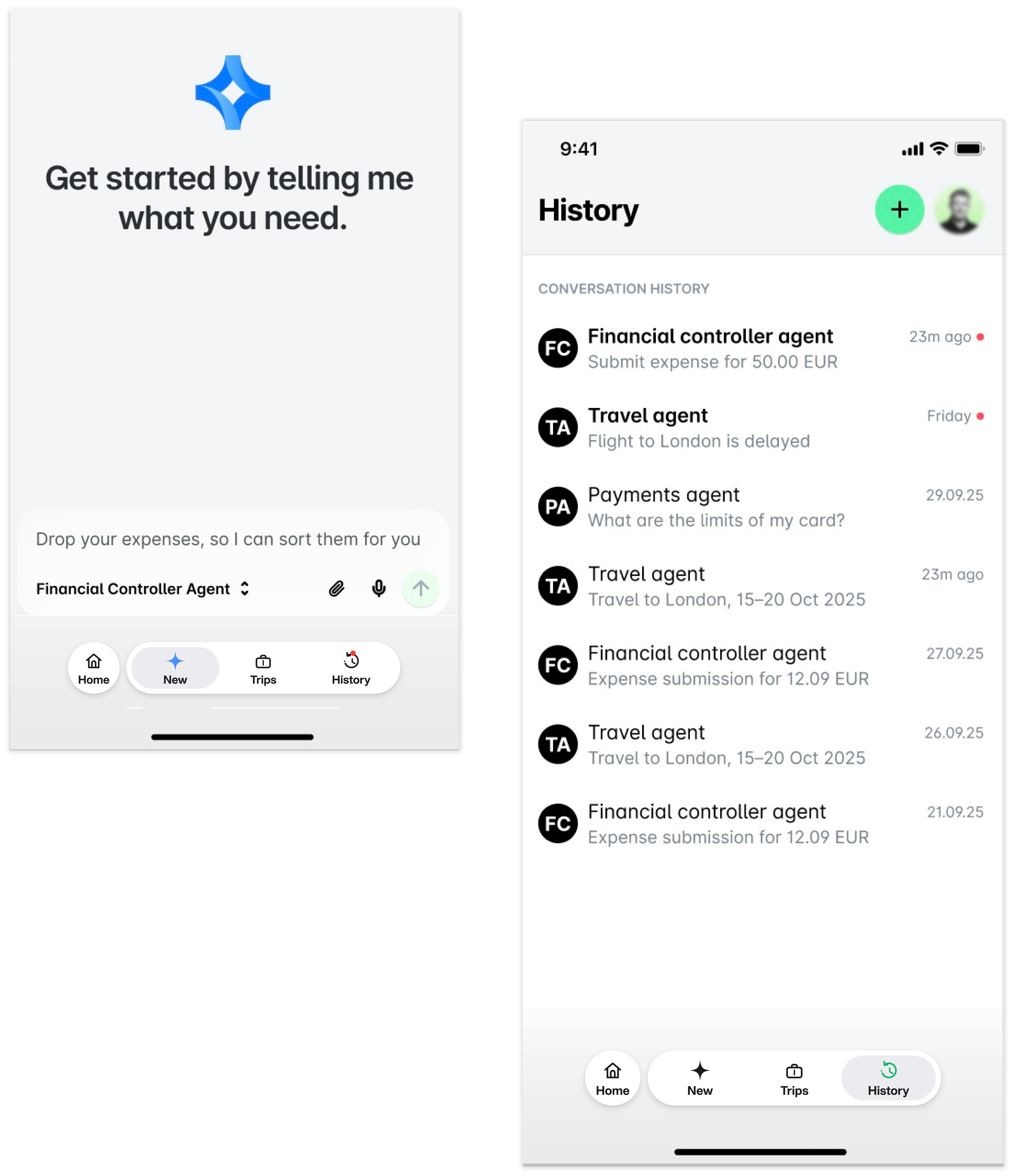 Pantalla Nuevo de la app móvil de Payhawk para iniciar un chat con un Agente de IA, junto a la pantalla Historial con las conversaciones anteriores con los Agentes de IA.