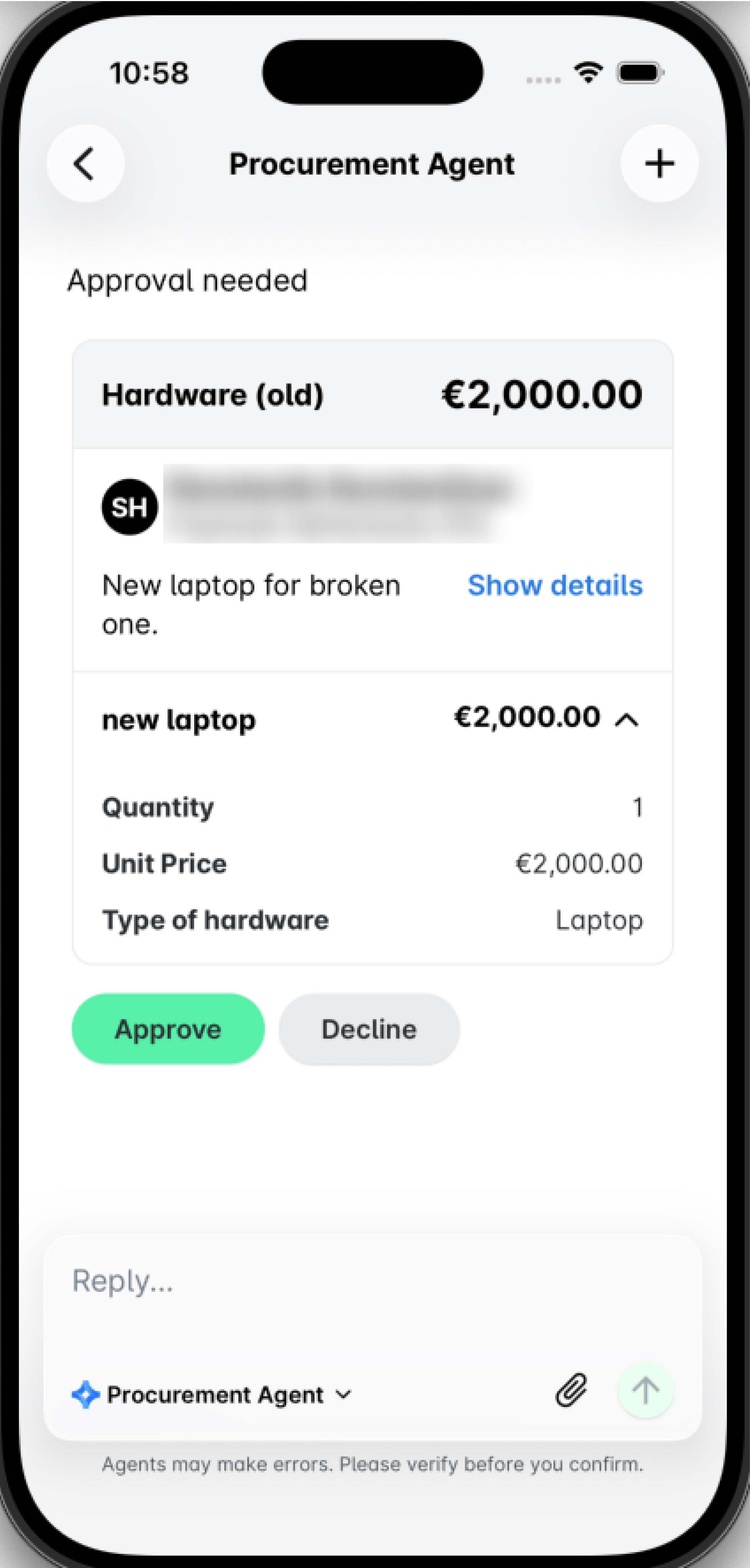 Demande d’approbation pour un nouvel ordinateur portable d’un montant de 2 000,00 € dans l’application d’achats.