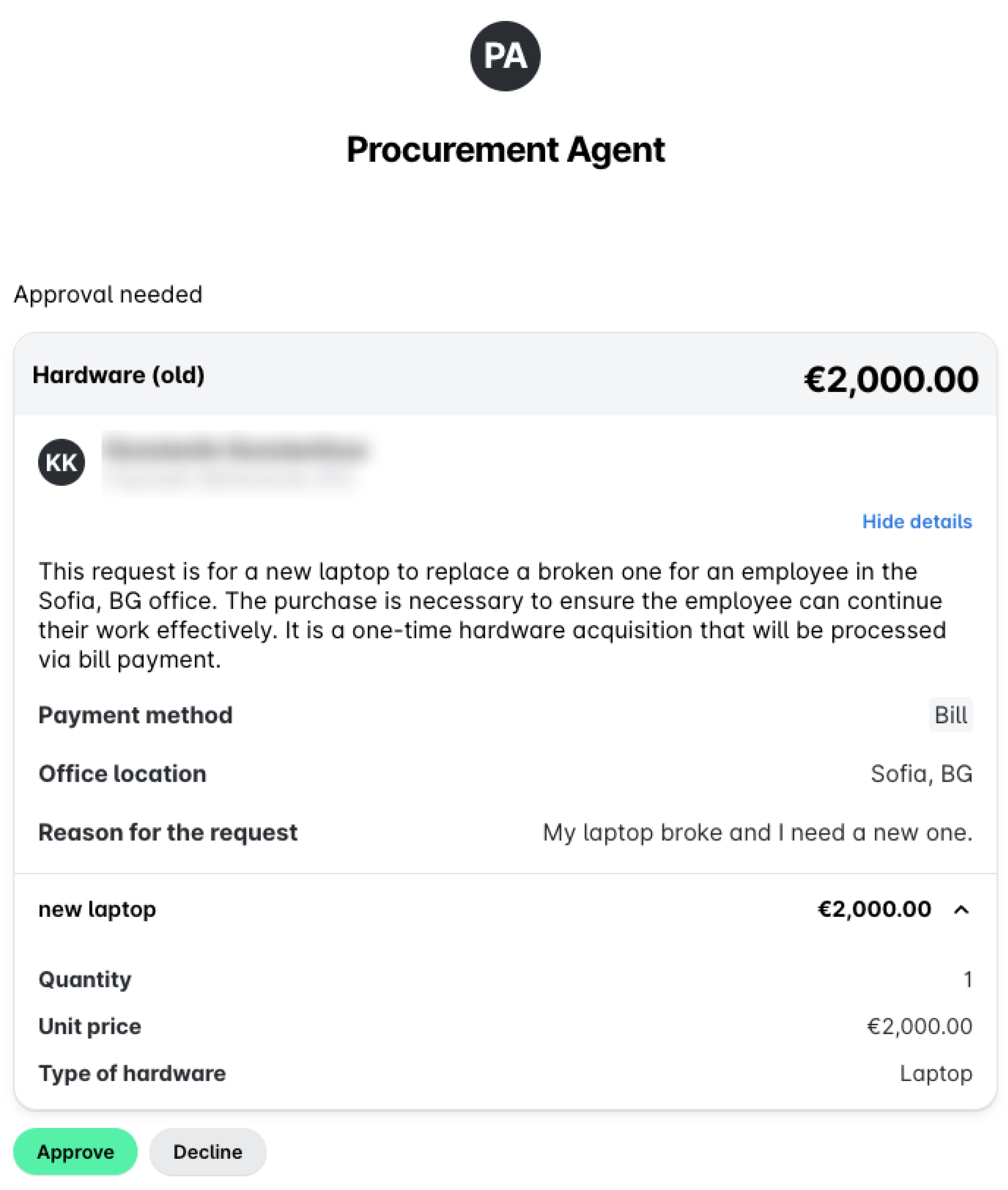 Demande d’approbation pour un nouvel ordinateur portable pour un employé du bureau de Sofia, Bulgarie.