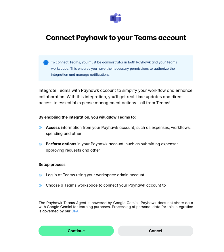 Instructions to connect Payhawk with Teams for expense management and collaboration.