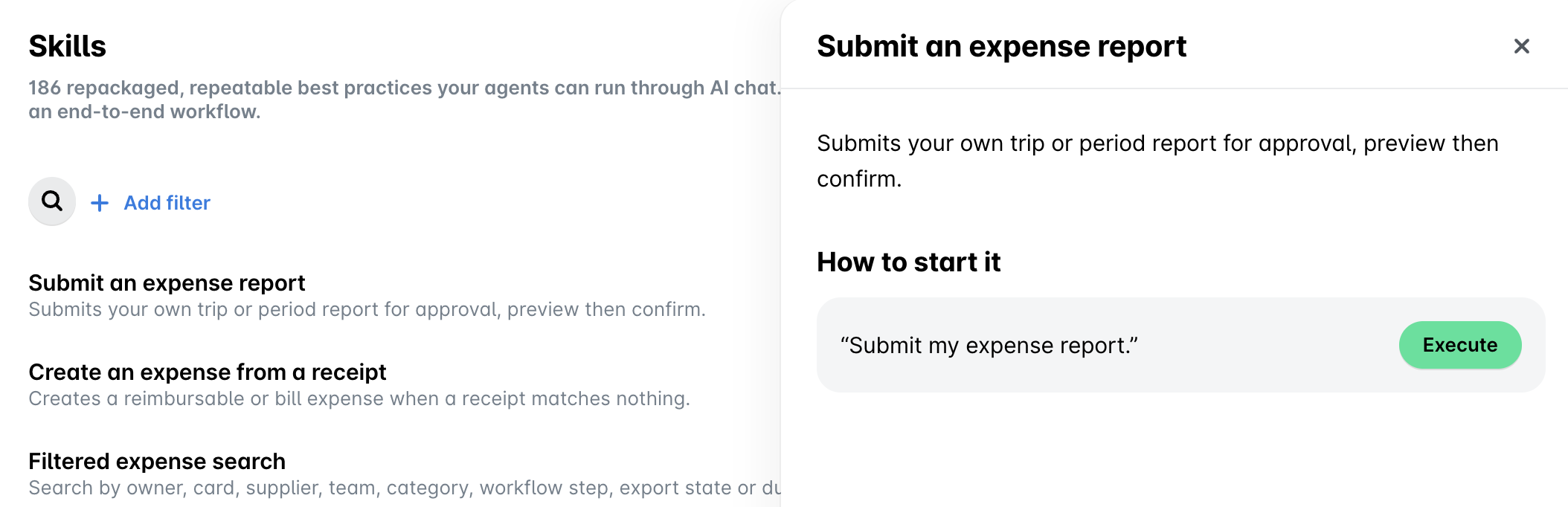 Instructions for submitting an expense report and creating expenses from receipts.