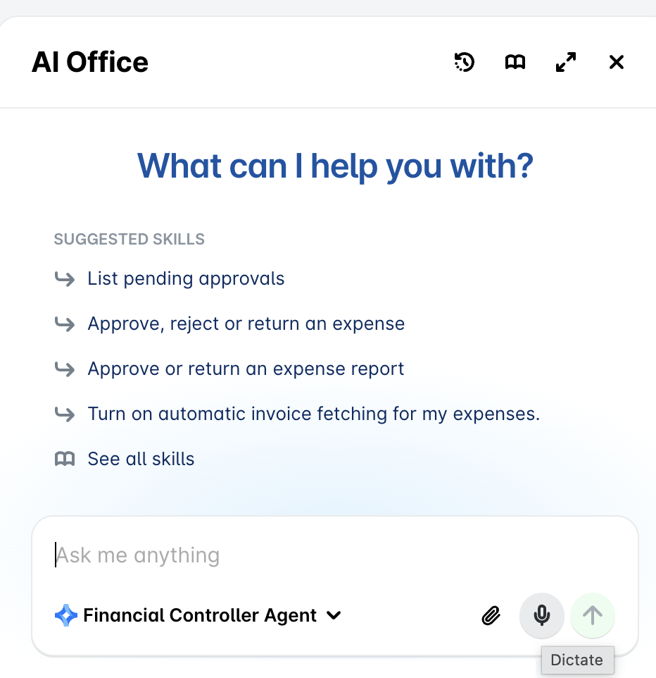 AI Office chat box with the Dictate microphone icon next to the send arrow.
