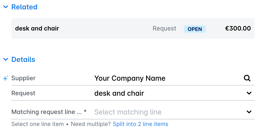 Details section of an expense with the linked request in the Related section and the Matching request line item field with the Split into 2 line items option.