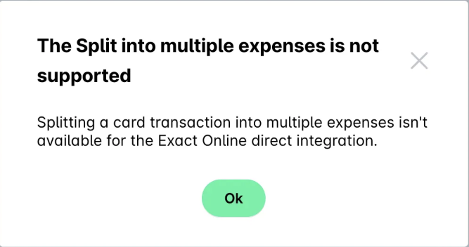 Notification indicating that splitting expenses is not supported for Exact Online integration.