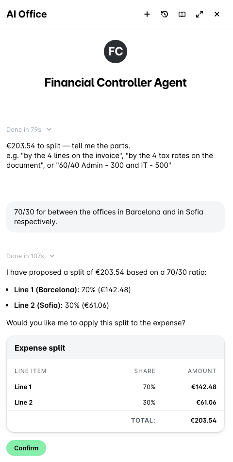Expense split proposal for Barcelona and Sofia offices with detailed amounts and ratios.