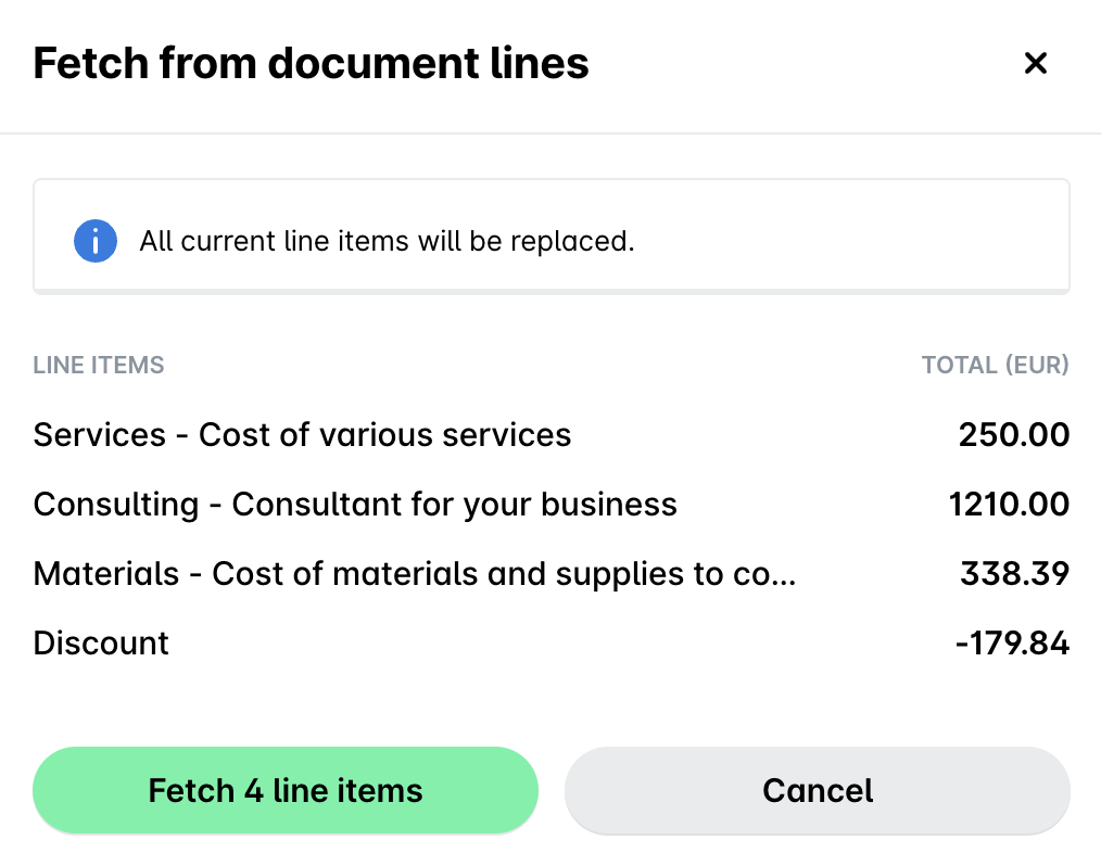 Overview of line items including services, consulting, materials, and discount details.