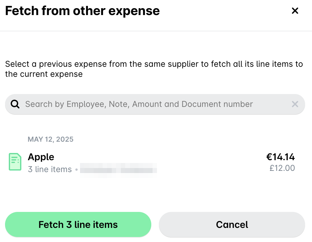 Interface for fetching previous expense details with search and action buttons.