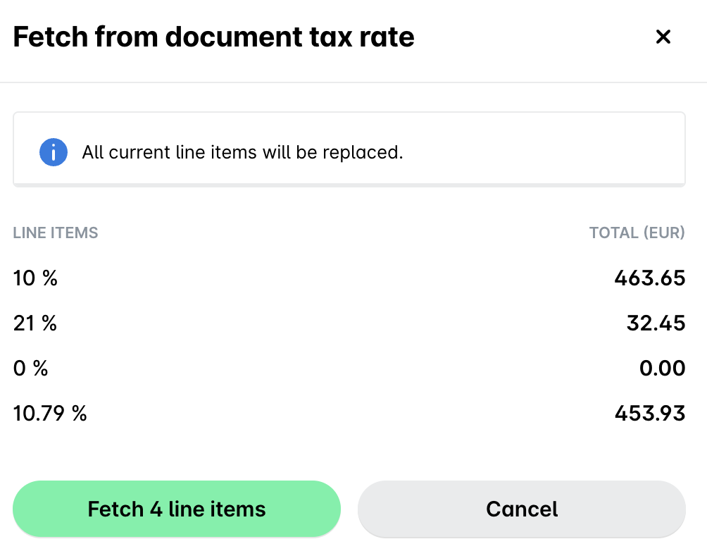 Display of tax rates and total amounts for line items in a document.