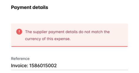Erreur indiquant que les coordonnées de paiement du fournisseur ne correspondent pas à la devise de la dépense.