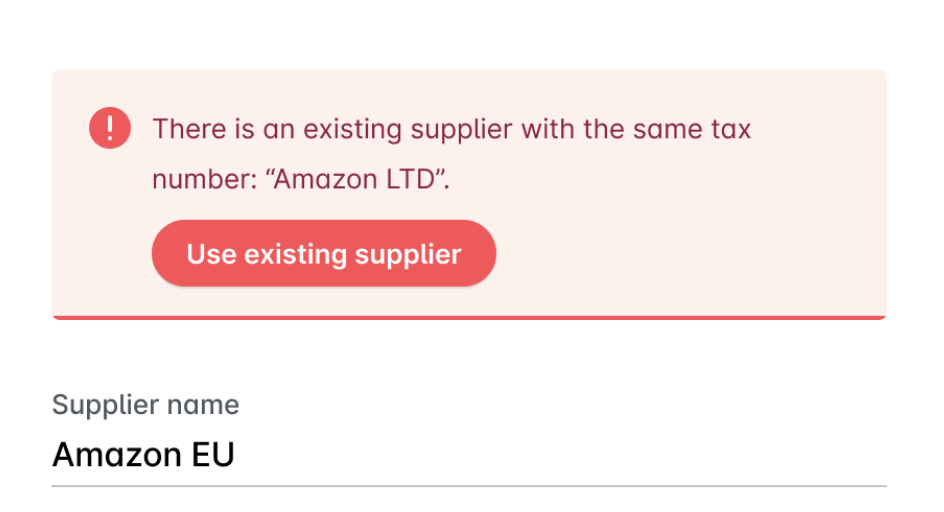Erreur indiquant qu'un fournisseur existant a le même numéro fiscal, avec le bouton permettant d'utiliser le fournisseur existant.