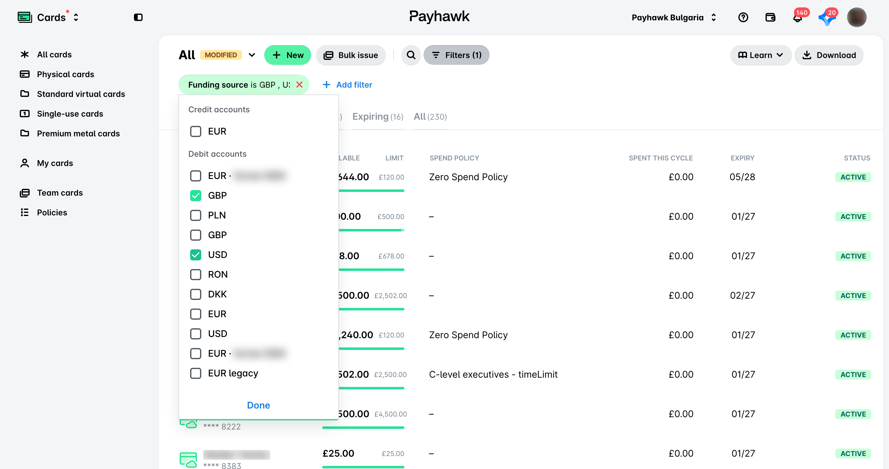 Filtering cards by funding source currency in the Cards app