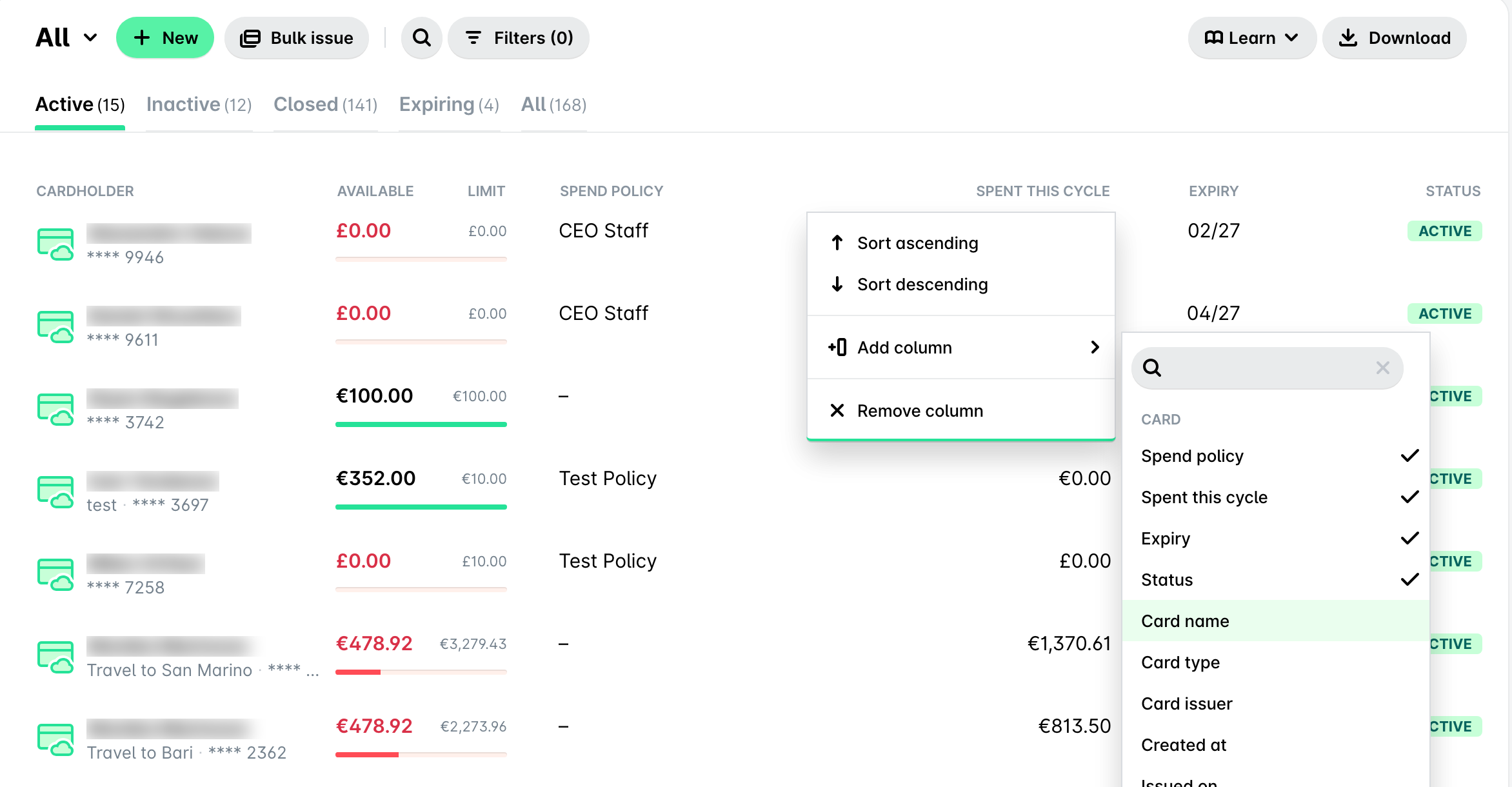 Adding a column from the Add column menu of a column header