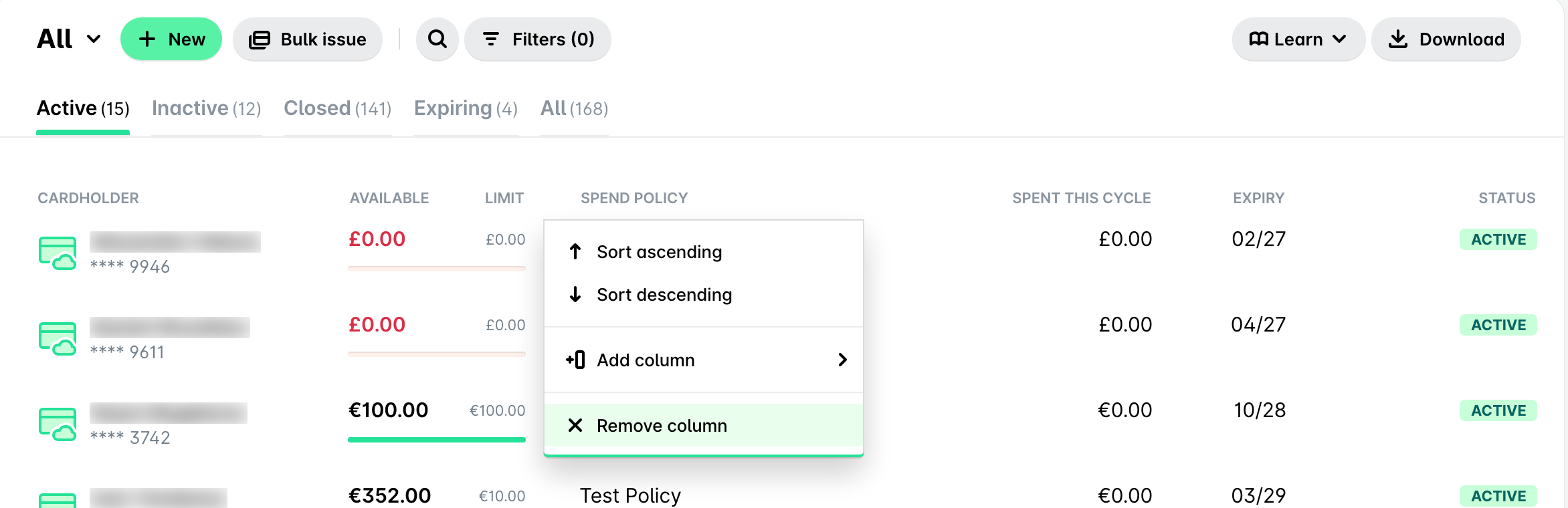 Removing the Spend policy column from the column menu