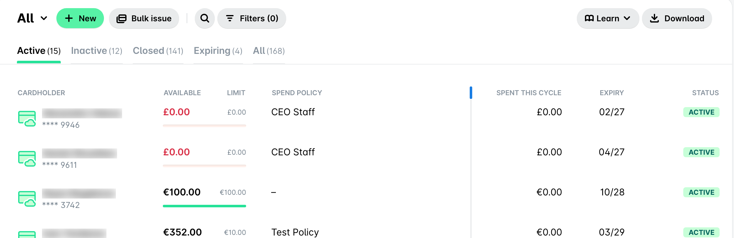 Resizing the Spend policy column by dragging its edge