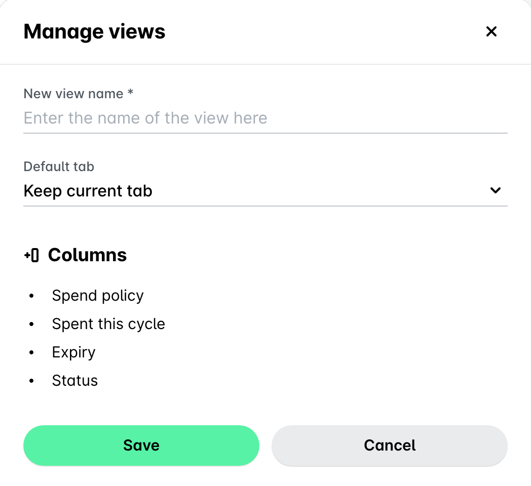 Saving the cards view in the Manage views panel