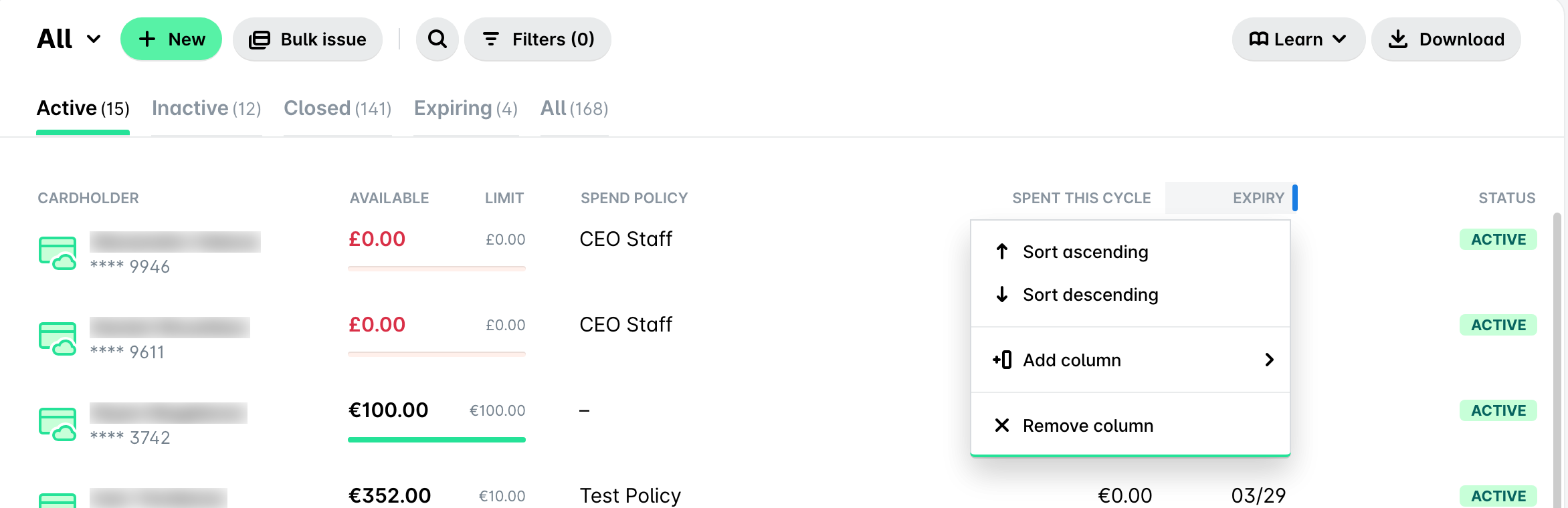 Sorting the cards by clicking the Expiry column header