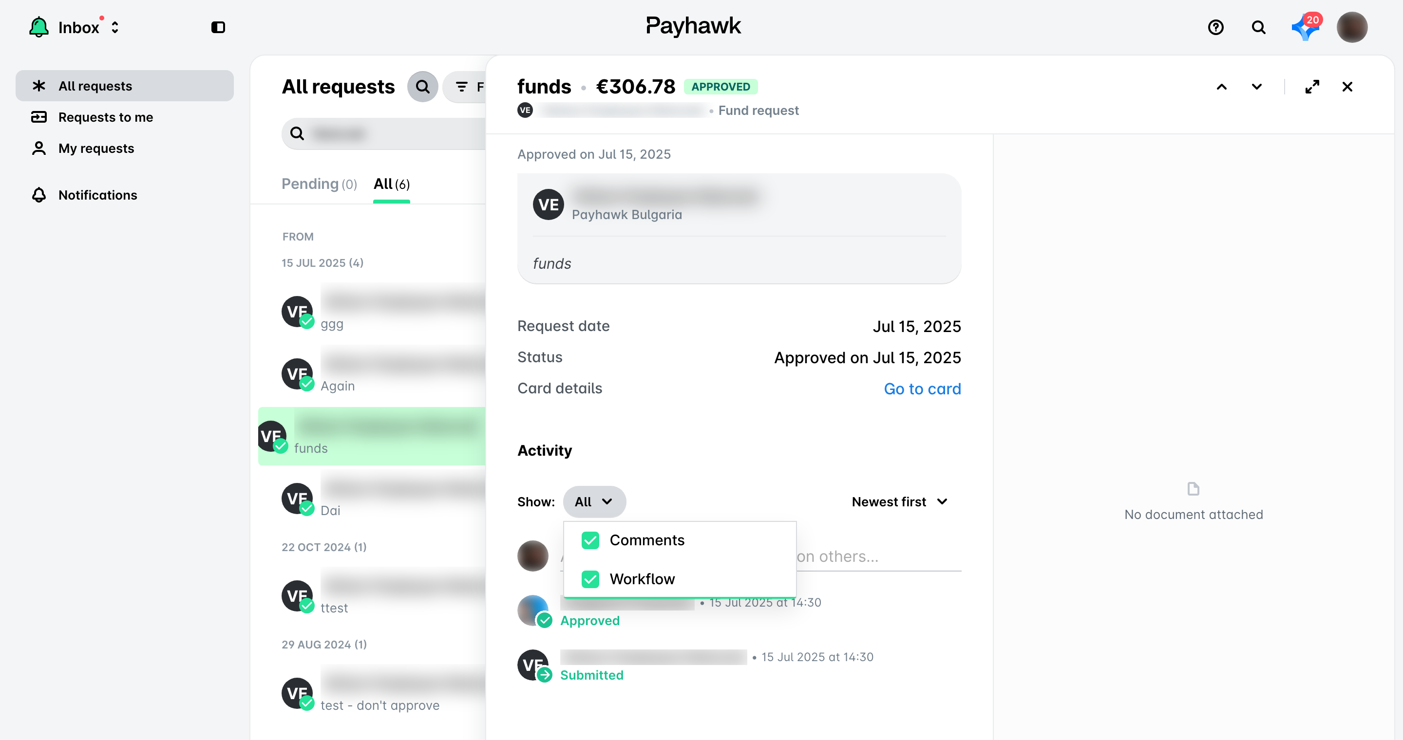 Fund request opened from the Inbox, with Comments and Workflow selected in the Show filter of its Activity section