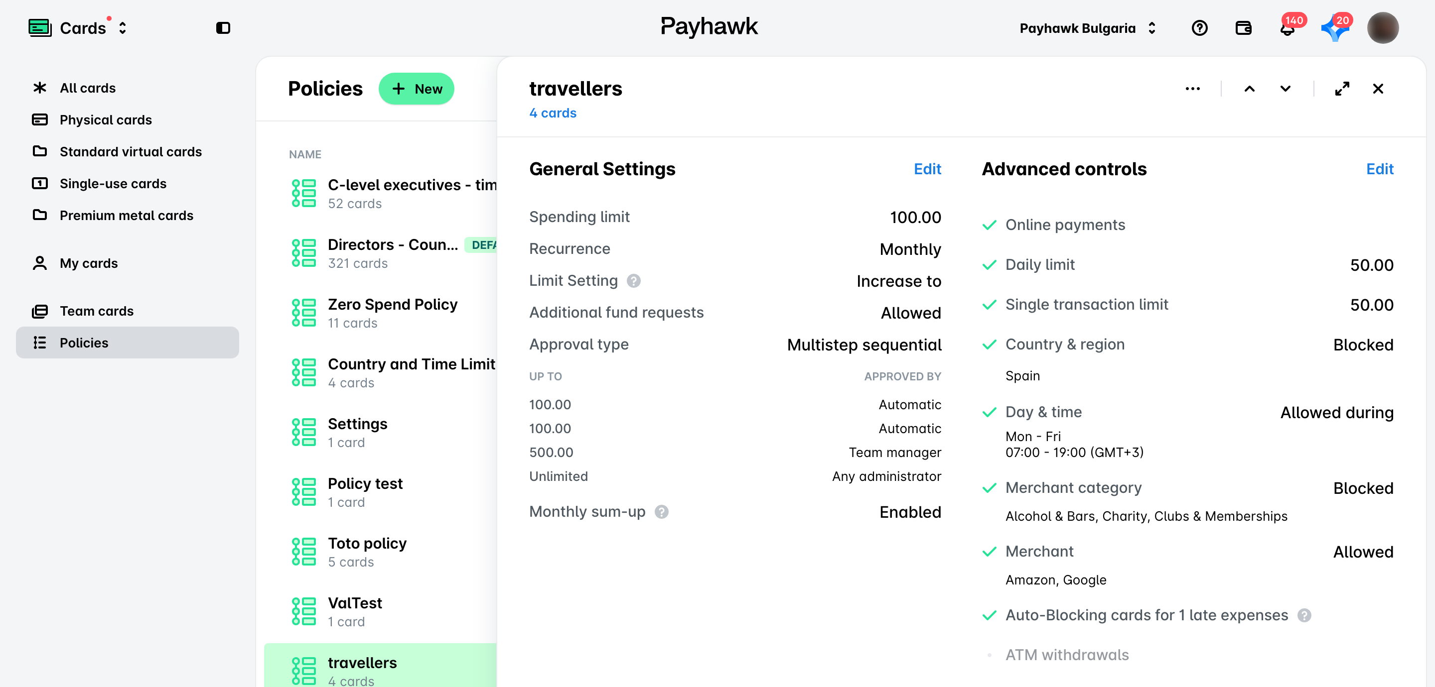 Spend policy opened from the Policies view in Cards, showing its General Settings and Advanced controls