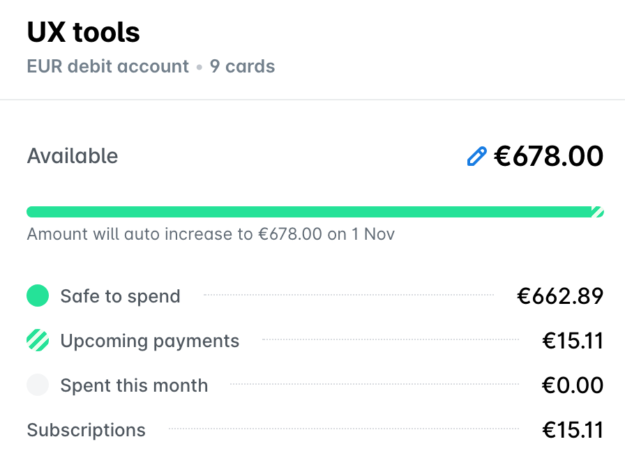 Available funds, safe to spend amount and upcoming payments of a team card
