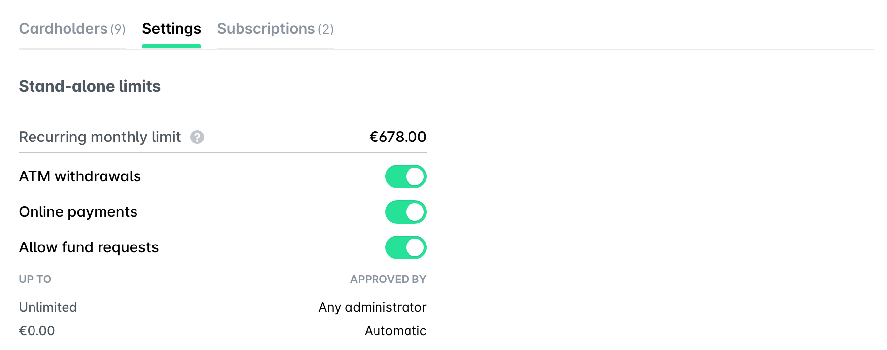 Settings tab of a team card with the recurring monthly limit and card controls