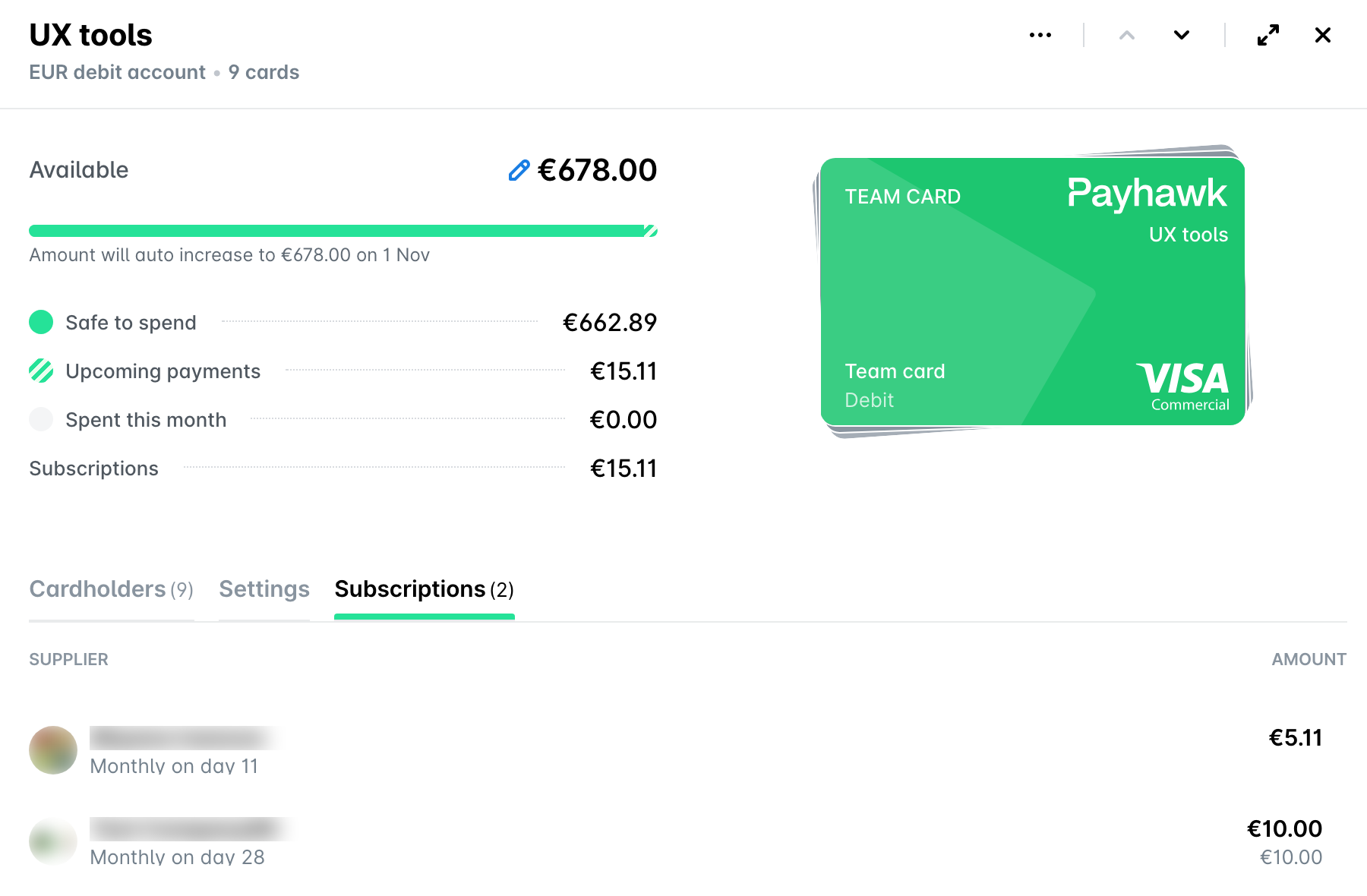 Subscriptions tab of a team card listing recurring payments