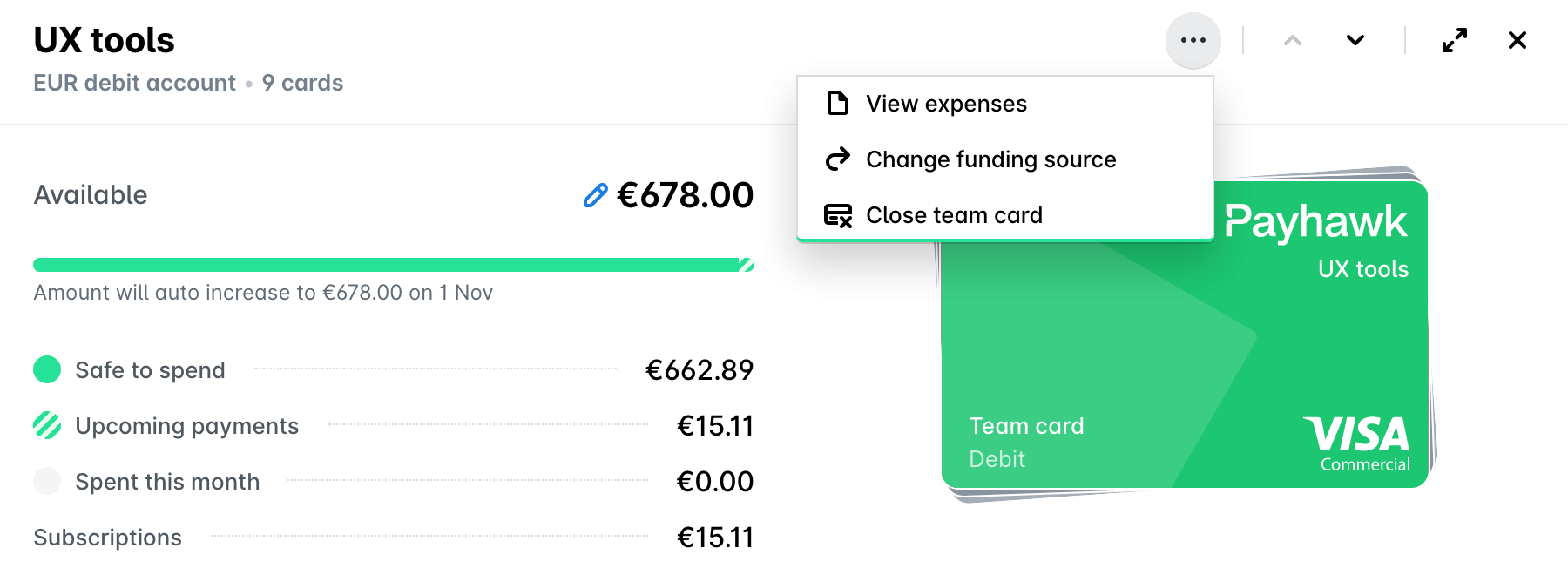 Team card three-dot menu with the View expenses option