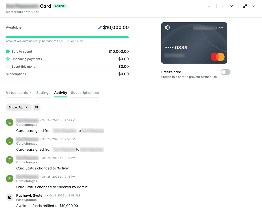 Linked Mastercard card details panel with the Activity tab open, showing card reassignments, status changes, and a fund refill with who made each change and when.