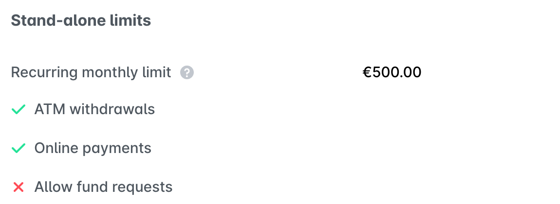 Stand-alone limits of a card with the recurring monthly limit, ATM withdrawals, online payments and fund requests.