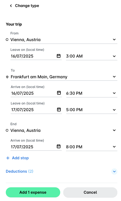 Reisedetails der Tagespauschale von Wien, Österreich nach Frankfurt am Main, Deutschland