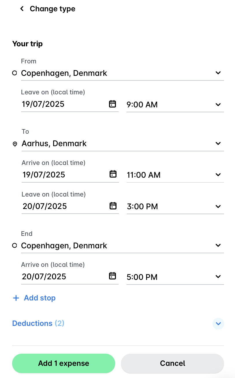 Per diem trip details from Copenhagen, Denmark to Aarhus, Denmark