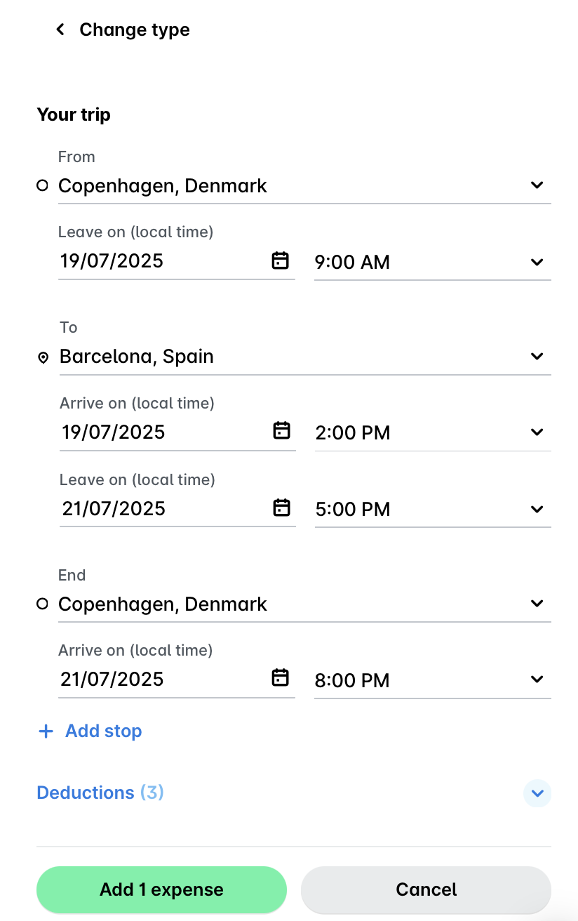 Per diem trip details from Copenhagen, Denmark to Barcelona, Spain