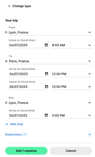 Per diem trip details from Lyon, France to Paris, France