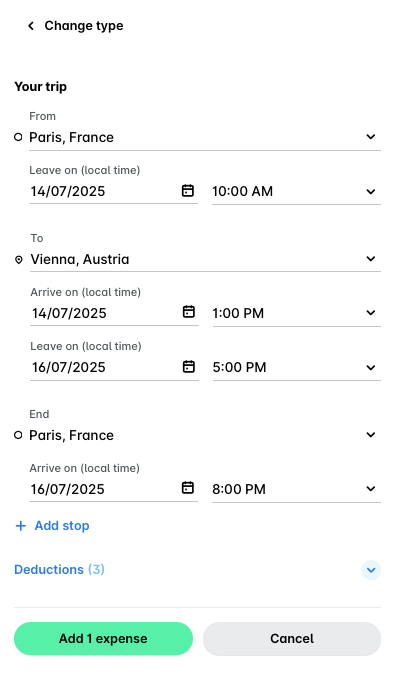 Per diem trip details from Paris, France to Vienna, Austria
