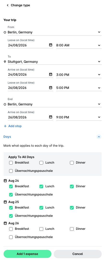 Détails du déplacement avec indemnités journalières de Berlin, Allemagne à Stuttgart, Allemagne