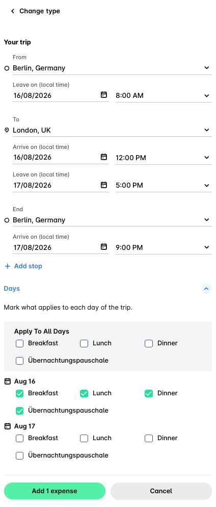 Détails du déplacement avec indemnités journalières de Berlin, Allemagne à Londres, Royaume-Uni