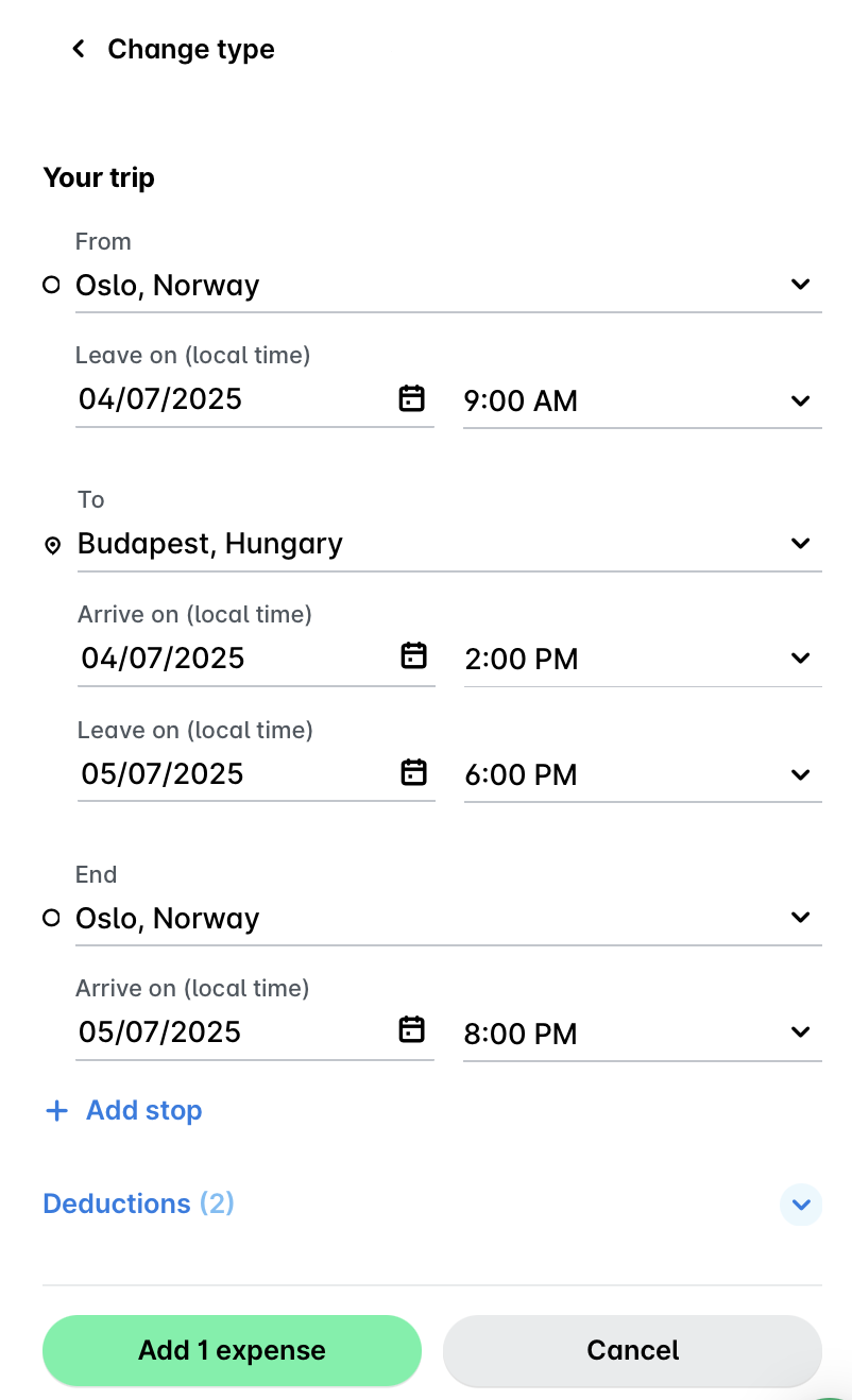 Per diem trip details from Oslo, Norway to Budapest, Hungary