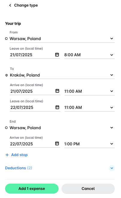 Reisgegevens voor de dagvergoeding van Warschau, Polen naar Krakau, Polen
