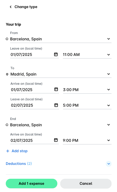 Détails du déplacement avec indemnités journalières de Barcelone, Espagne à Madrid, Espagne
