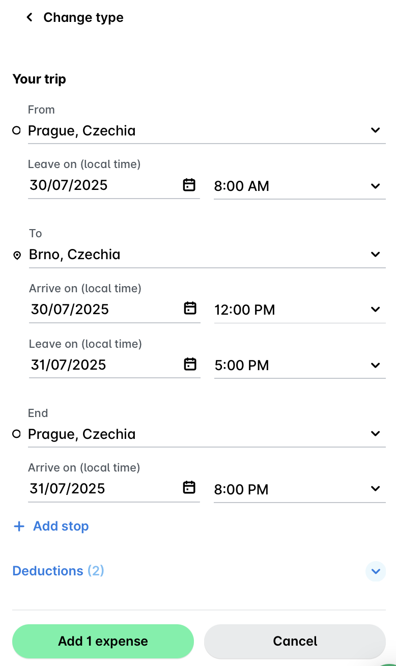Reisedetails der Tagespauschale von Prag, Tschechien nach Brno, Tschechien