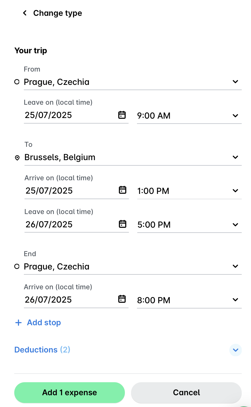 Reisedetails der Tagespauschale von Prag, Tschechien nach Brüssel, Belgien