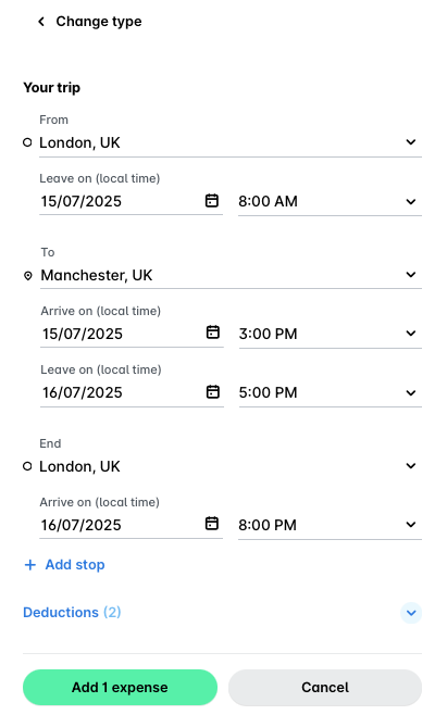 Per diem trip details from London, UK to Manchester, UK