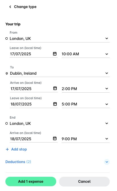 Per diem trip details from London, UK to Dublin, Ireland