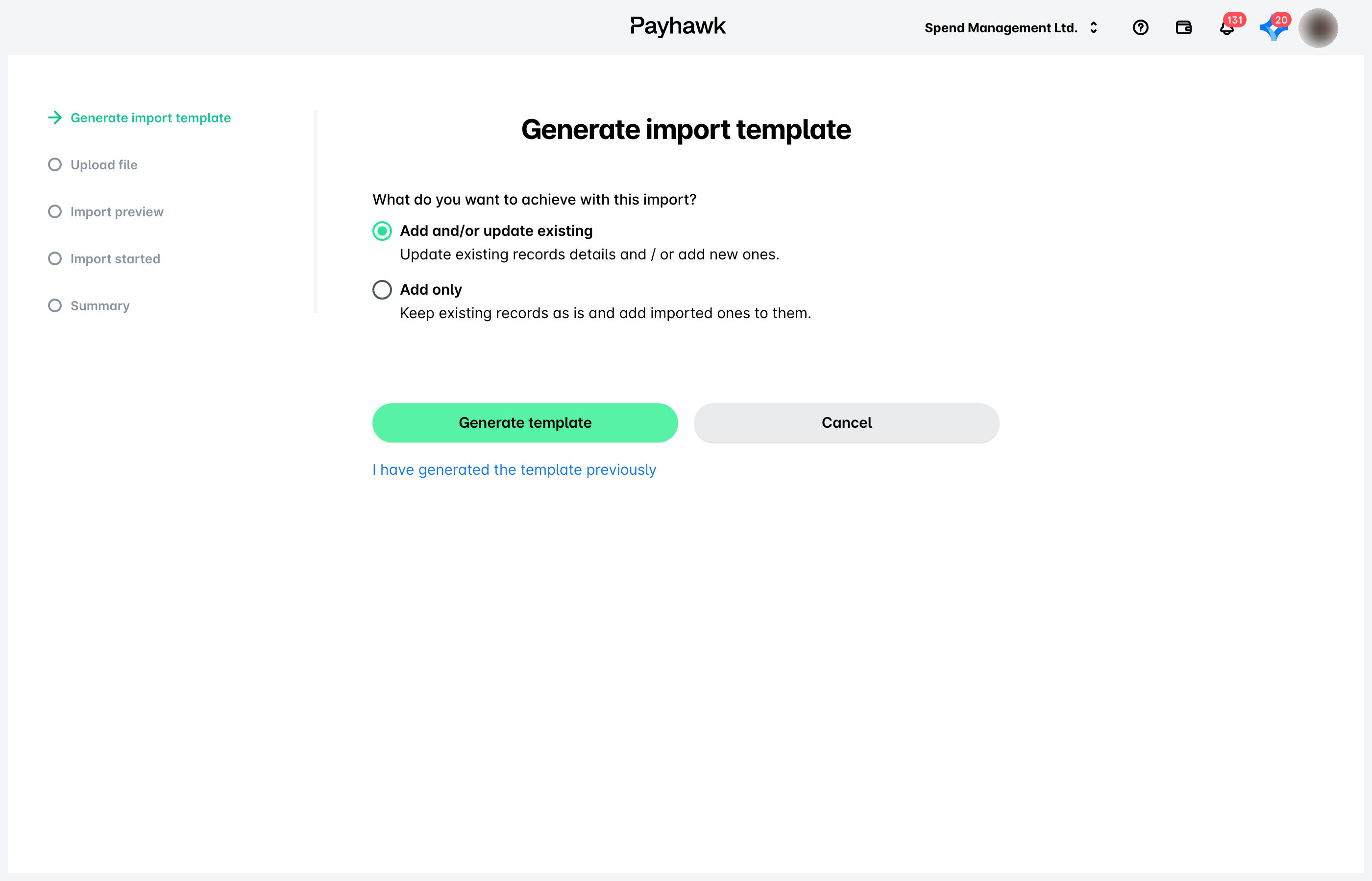 Generate import template step of the import wizard with the Add and/or update existing and Add only options