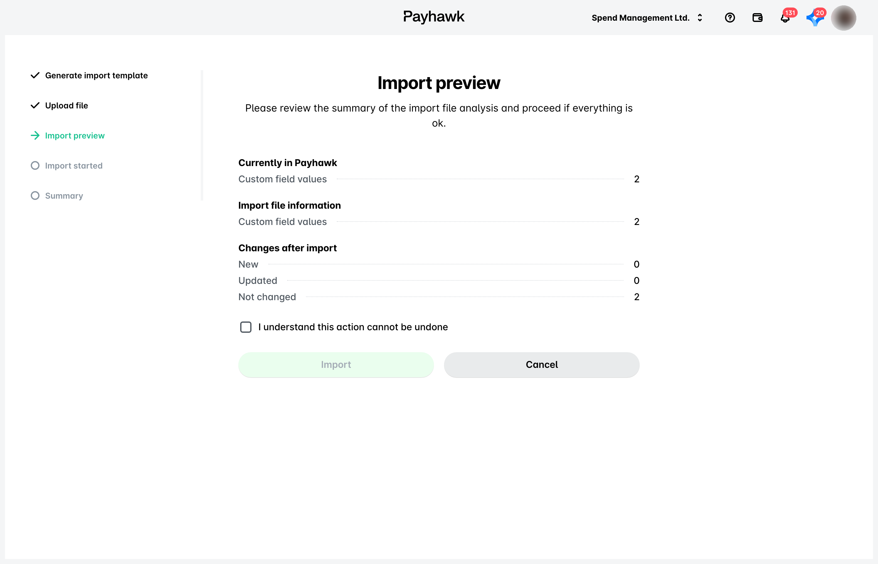 Import preview step of the import wizard with the changes after import and the confirmation checkbox