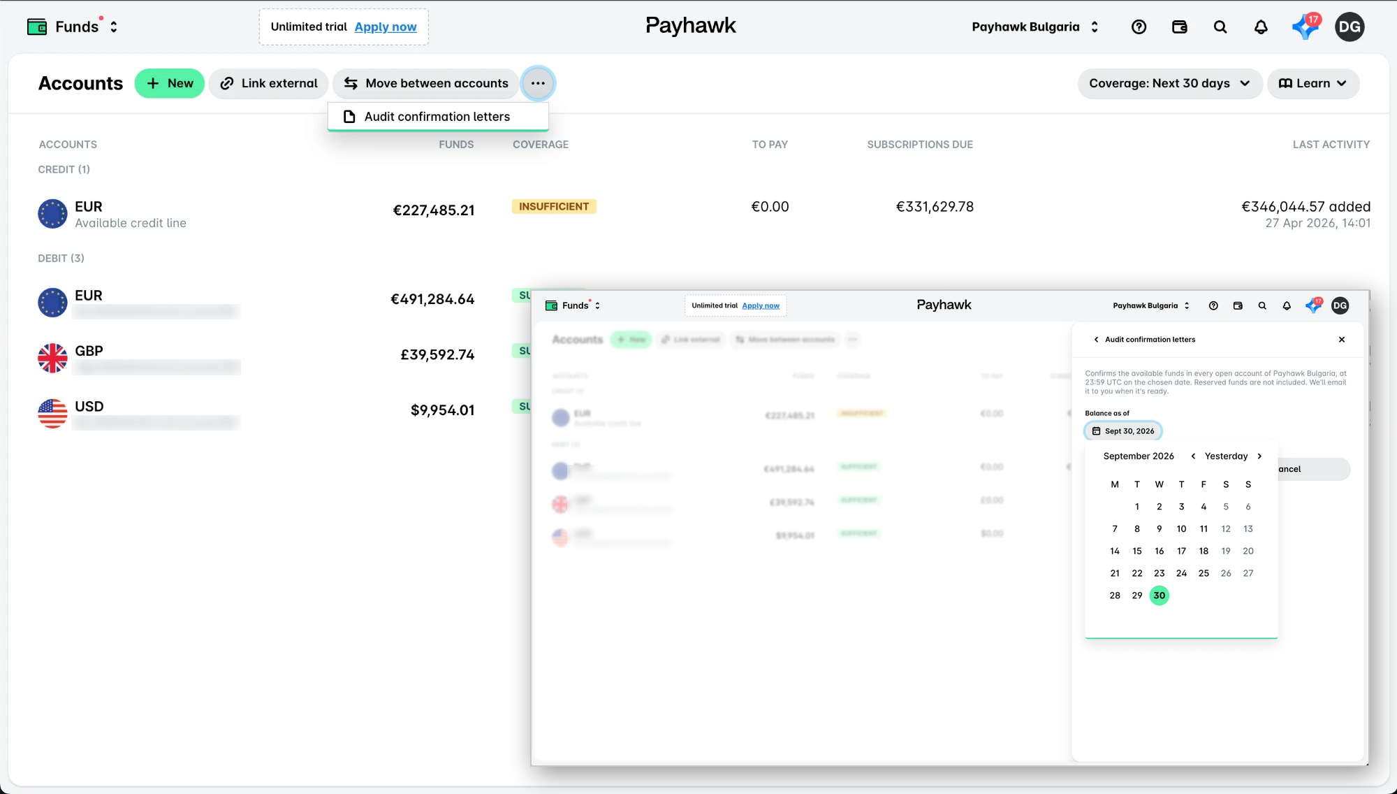The Funds page with the three-dot menu open on Audit confirmation letters, and the request panel with the Balance as of date picker.